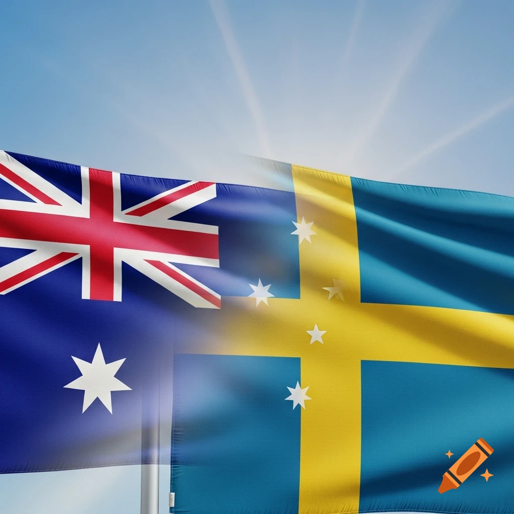 A waving flag morphing from the Australian flag on the left to the Swedish flag on the right against a blue sky.