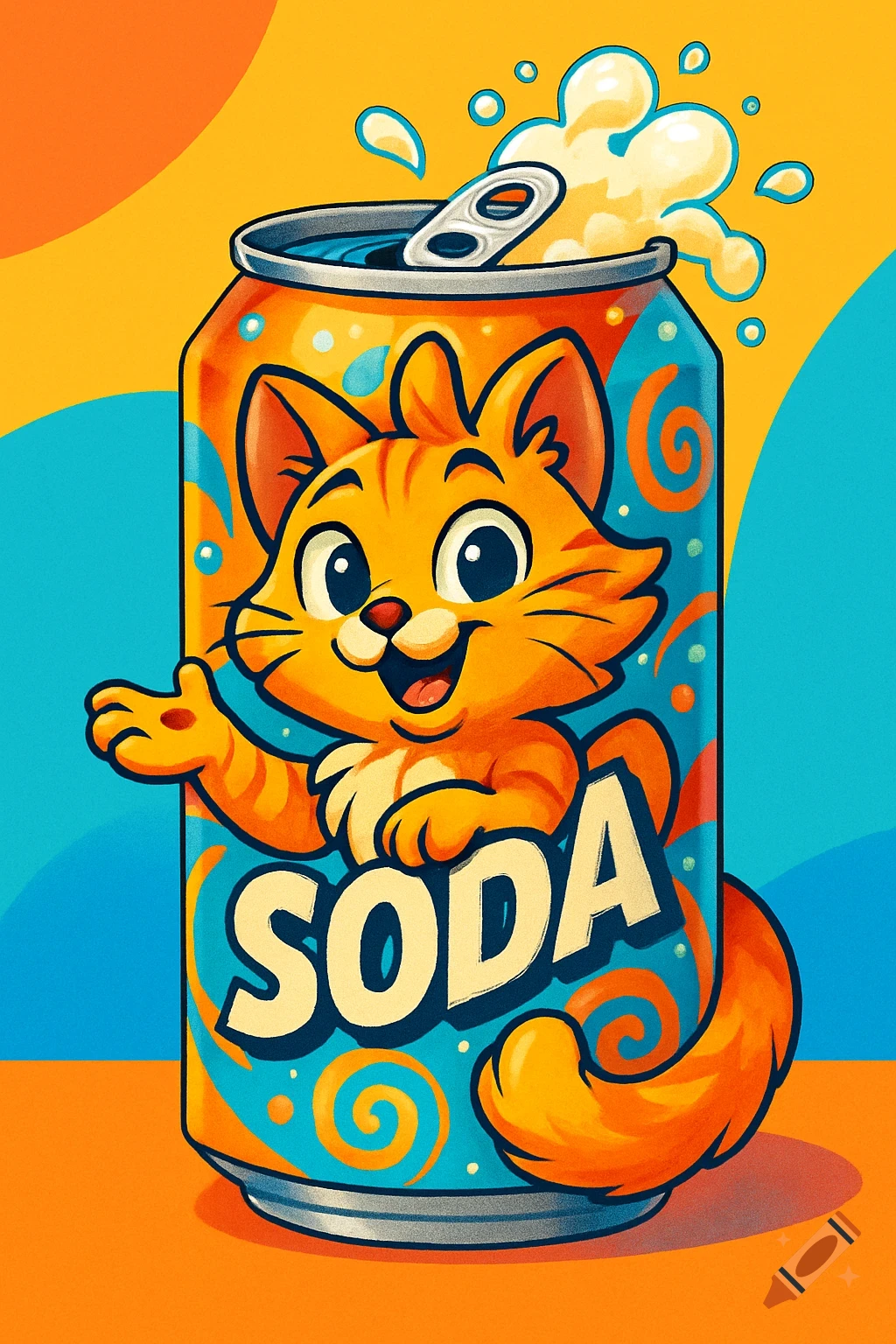 Vibrant cartoon illustration of a happy orange tabby cat peeking out of a blue soda can labeled "SODA".
