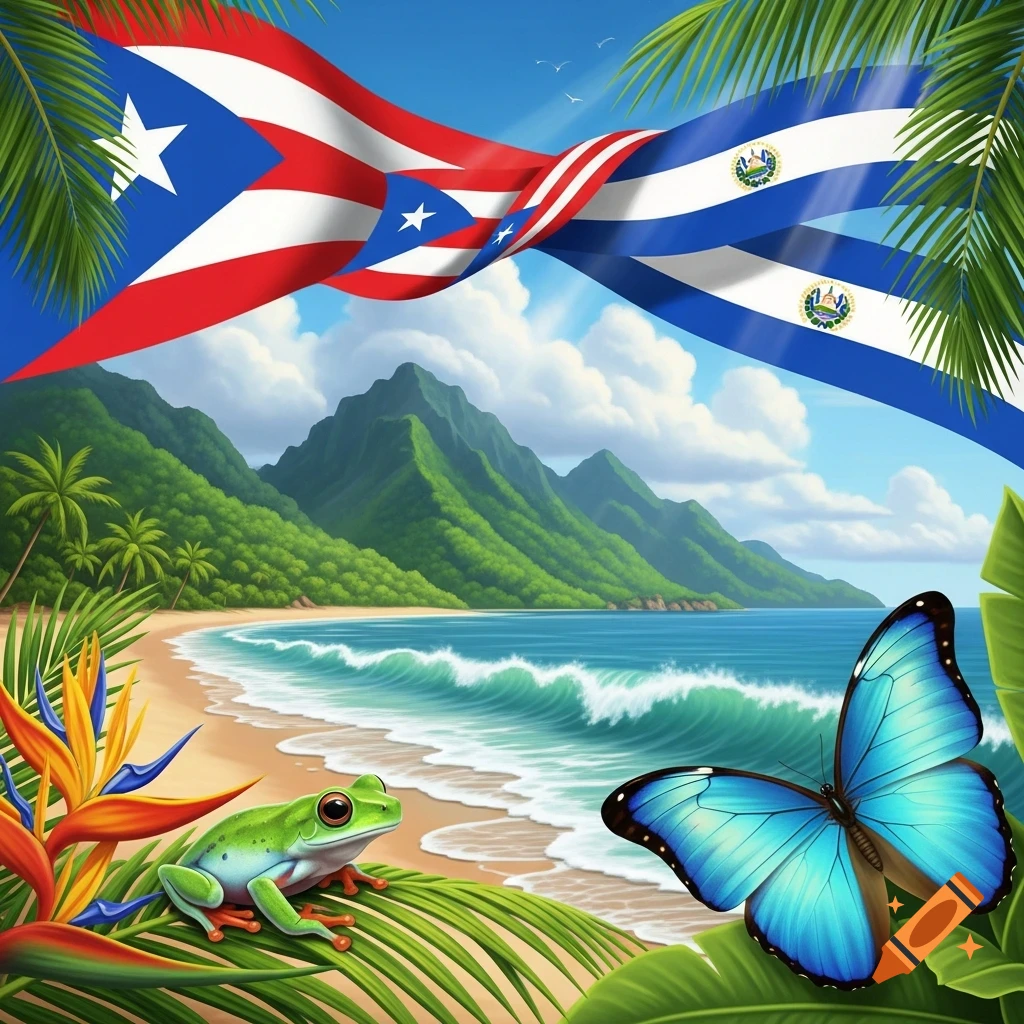 A vibrant tropical beach scene with a frog, a blue butterfly, and exotic flowers, set against lush green mountains and an ocean with waves. Overhead, the flags of Puerto Rico and El Salvador are intertwined under a blue sky.