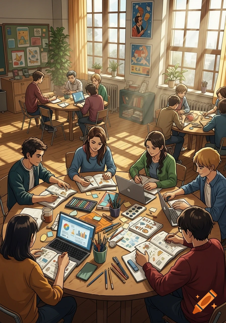 An anime-style illustration of multiple students in a sunlit classroom, engaged in a group project at large wooden tables filled with laptops, books, and art supplies.