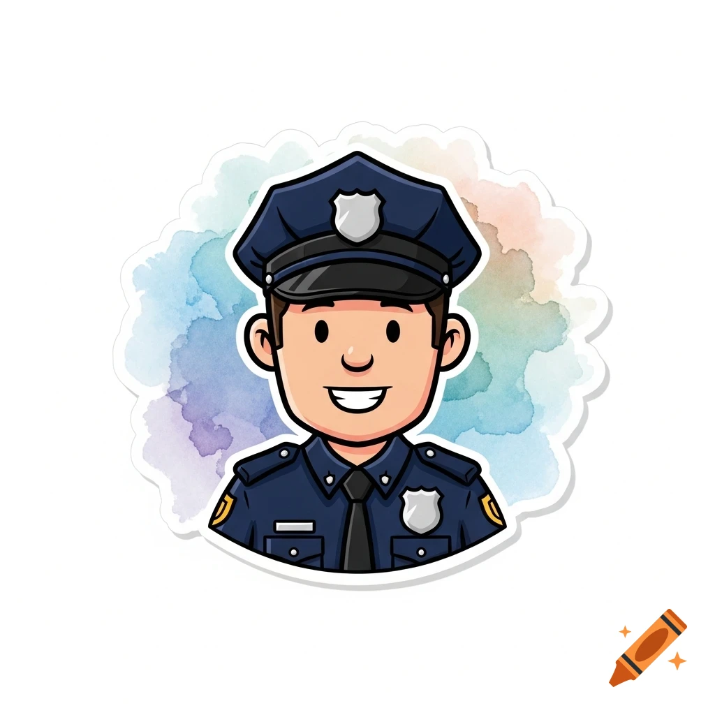A smiling cartoon police officer bust sticker with a watercolor background.