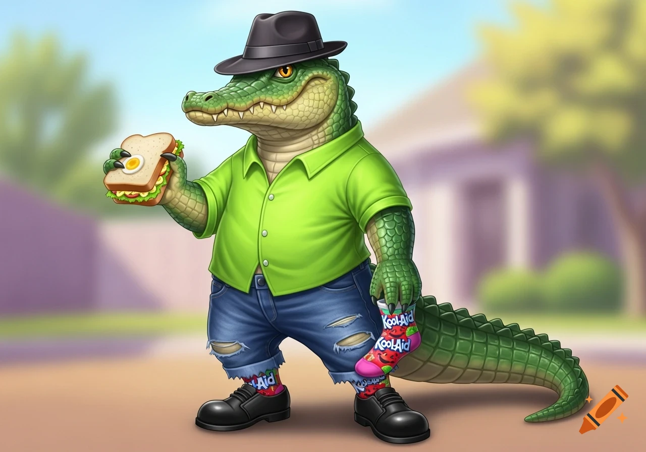 A cartoon alligator in a green shirt, ripped jeans, black fedora, and Kool-Aid socks, holding an egg salad sandwich.
