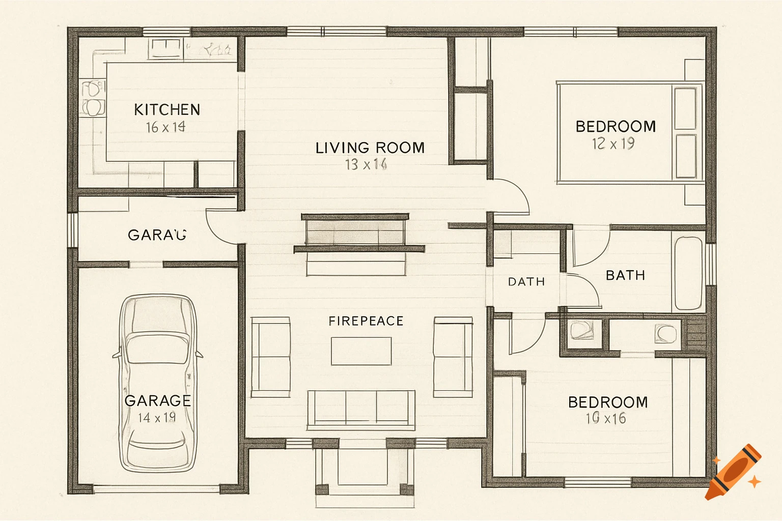Hand-drawn floor plan of a house showing a kitchen, living room, two bedrooms, two baths, a fireplace, and a garage.