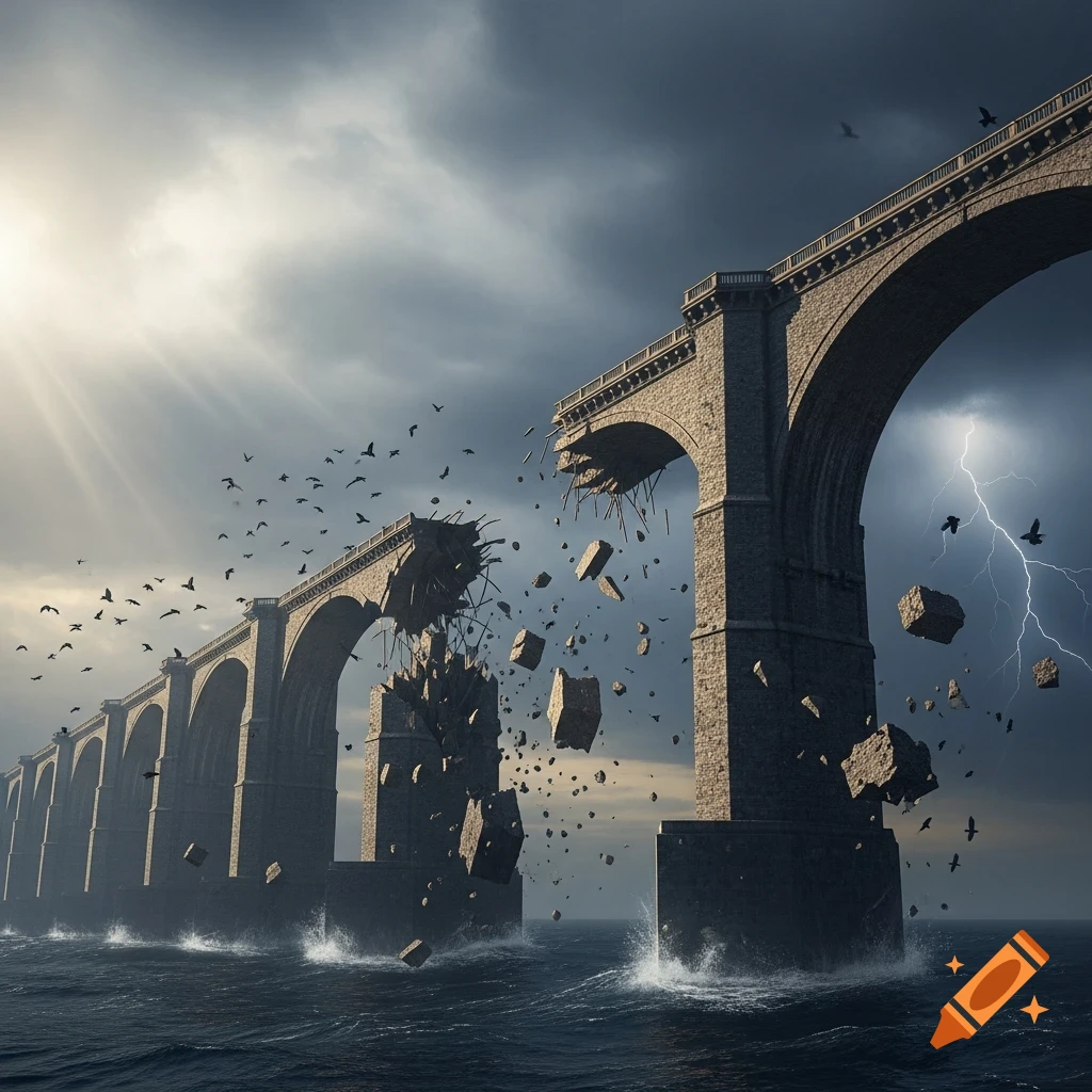 A stylized, dramatic view of a stone bridge collapsing into stormy waters, with debris and birds flying, and lightning striking a dark sky.