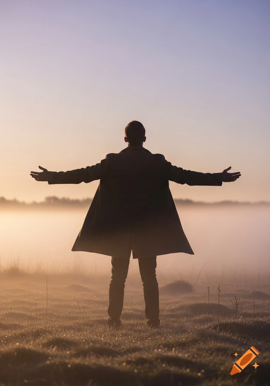 A man in a trench coat stands with arms outstretched, silhouetted against a misty, colorful sunrise over a field.