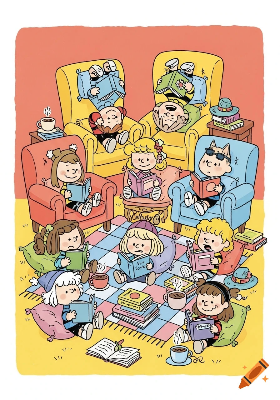 A colorful cartoon illustration in the style of Peanuts, featuring many small, quirky characters of different ages reading books in various comfortable positions in a living room setting, with some sitting on chairs and others on beanbags and pillows on a checkered rug.