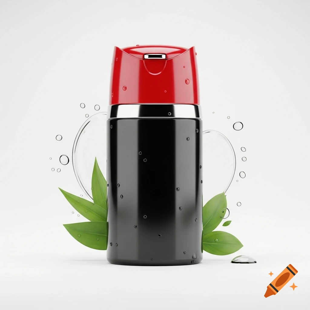 Black product bottle with a red flip-top cap, adorned with water droplets and green leaves on a white background. Photorealistic style.
