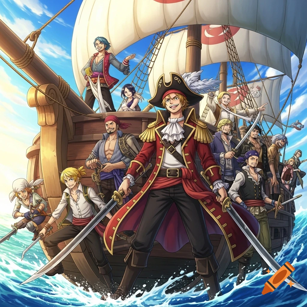 An anime crew of pirates on their ship, led by a blonde captain with two swords, sailing on the ocean.