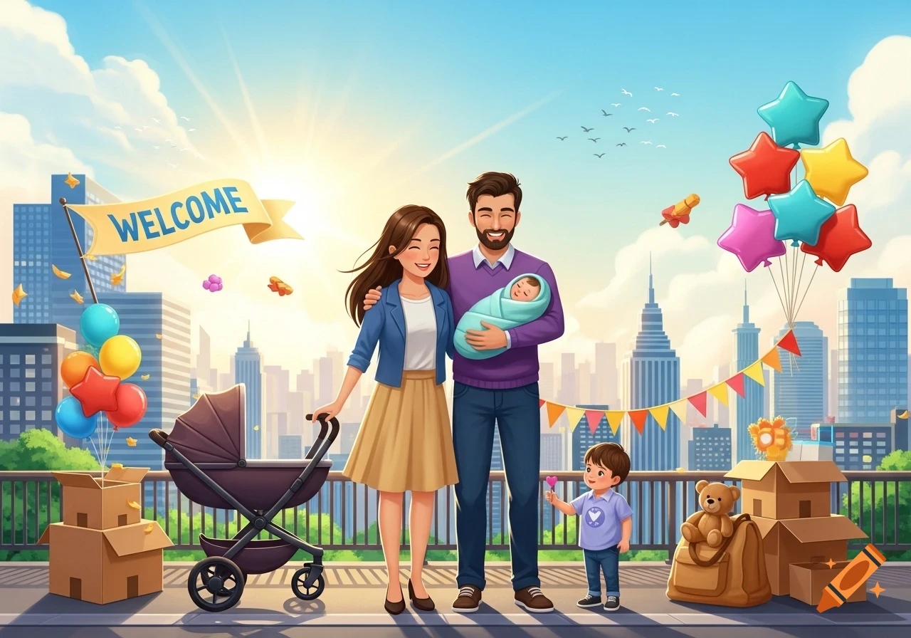 A joyful cartoon family with a newborn, toddler, and moving boxes under a 'WELCOME' banner in a sunny city.