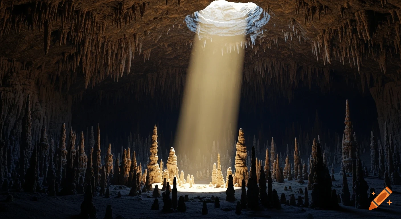 Photorealistic view of a vast limestone cave. A sunbeam enters through an overhead opening, illuminating stalagmites and stalactites.