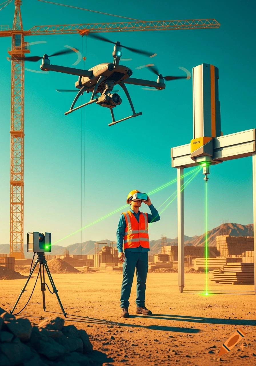 A construction worker with VR goggles stands on a site with a drone overhead and a laser scanner, showing modern surveying.