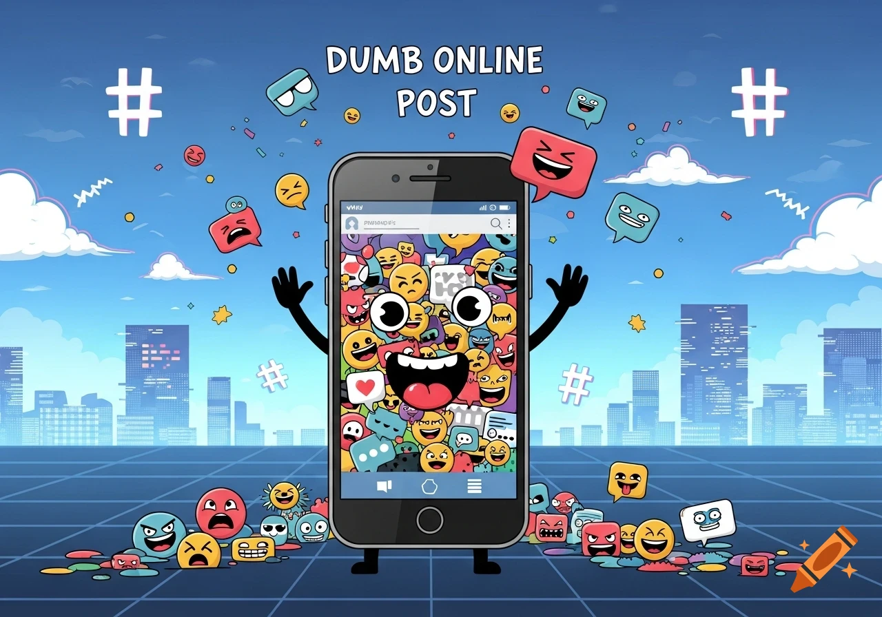 A cartoon smartphone with arms and legs stands in a city, surrounded by flying emojis and speech bubbles. "DUMB ONLINE POST" text is at the top, flanked by hashtags.