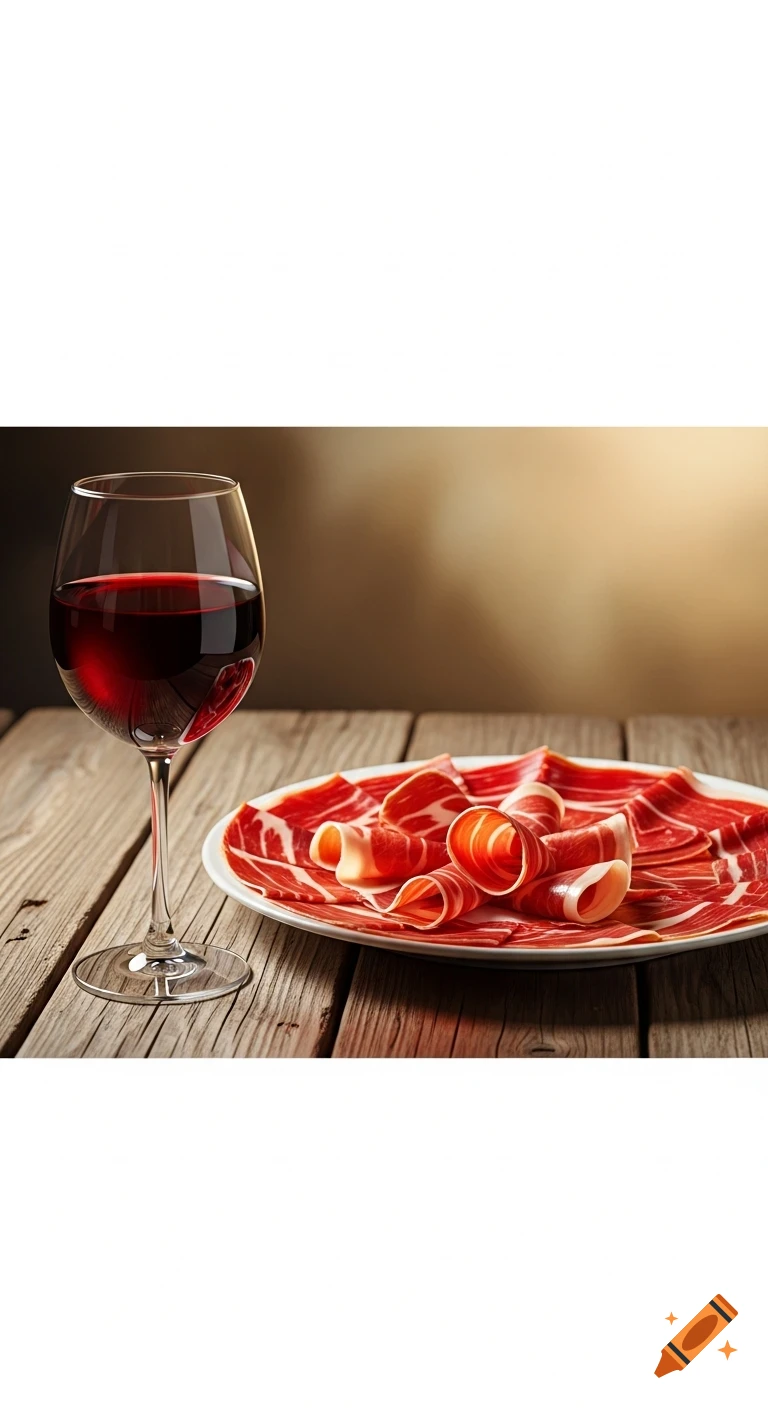 A glass of red wine and a plate of thinly sliced Iberian ham on a rustic wooden table, photorealistic.