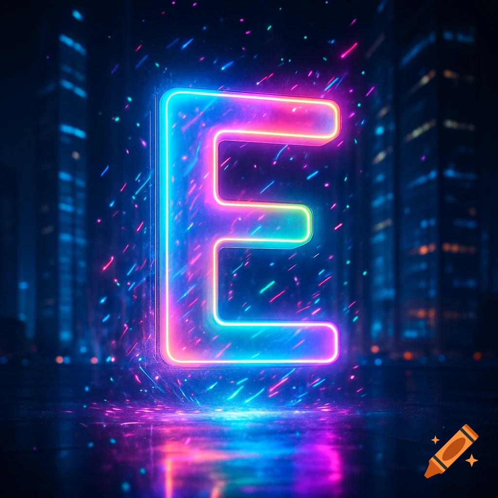 A glowing, vibrant neon letter E stands prominently against a dark, blurry city skyline with scattered neon lights.