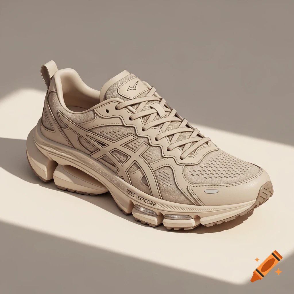 A close-up, photorealistic image of a single beige athletic shoe with a thick sole and lightweight material, casting shadows on a light surface.