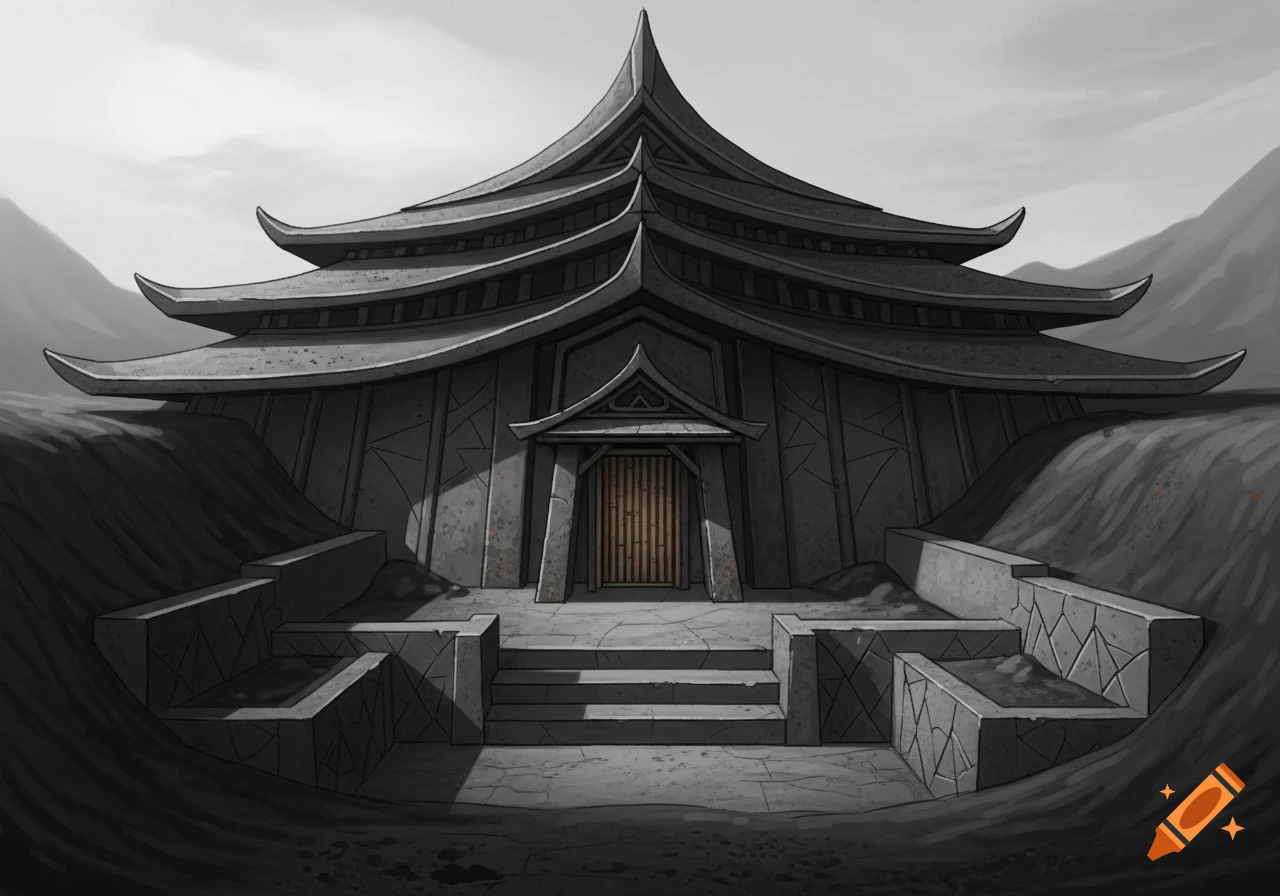 A grayscale illustration of a semi-subterranean multi-tiered building with an angled roof and a bamboo door, nestled between hills.