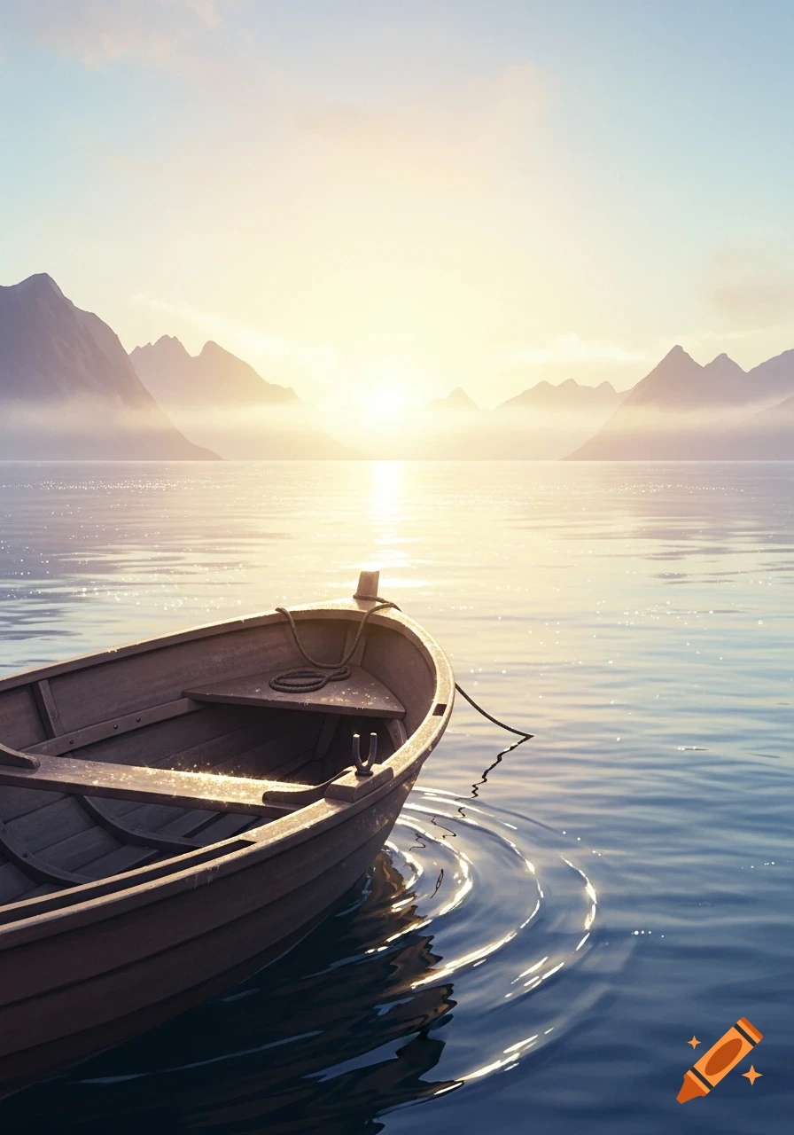 A wooden rowboat floats on calm water with misty mountains in the background under a radiant sunrise, photorealistic.