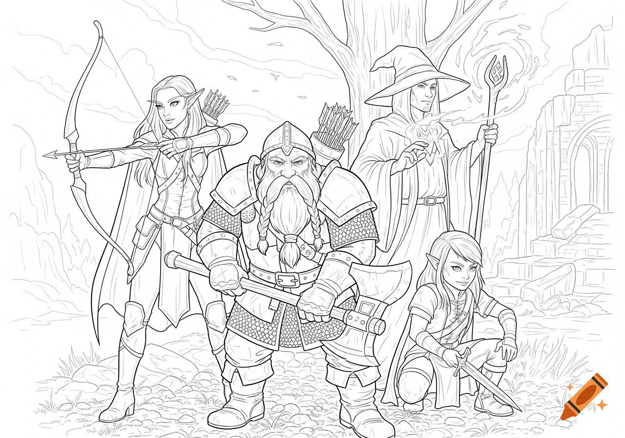 Line art of a Dungeons and Dragons adventure group including an elf archer, dwarf, wizard, and kneeling elf.