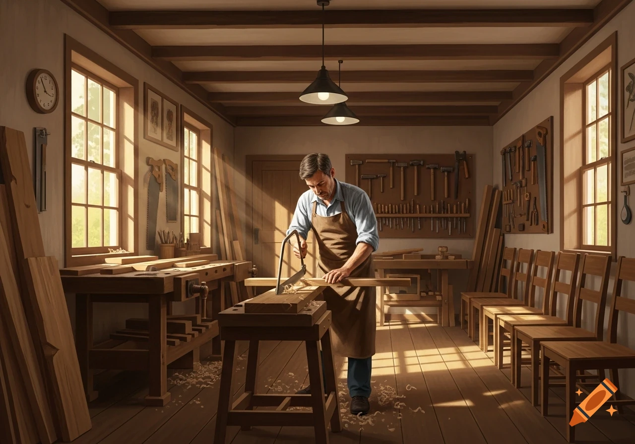 A man in an apron saws wood at a workbench in a sunlit carpentry workshop, surrounded by tools and wooden planks.