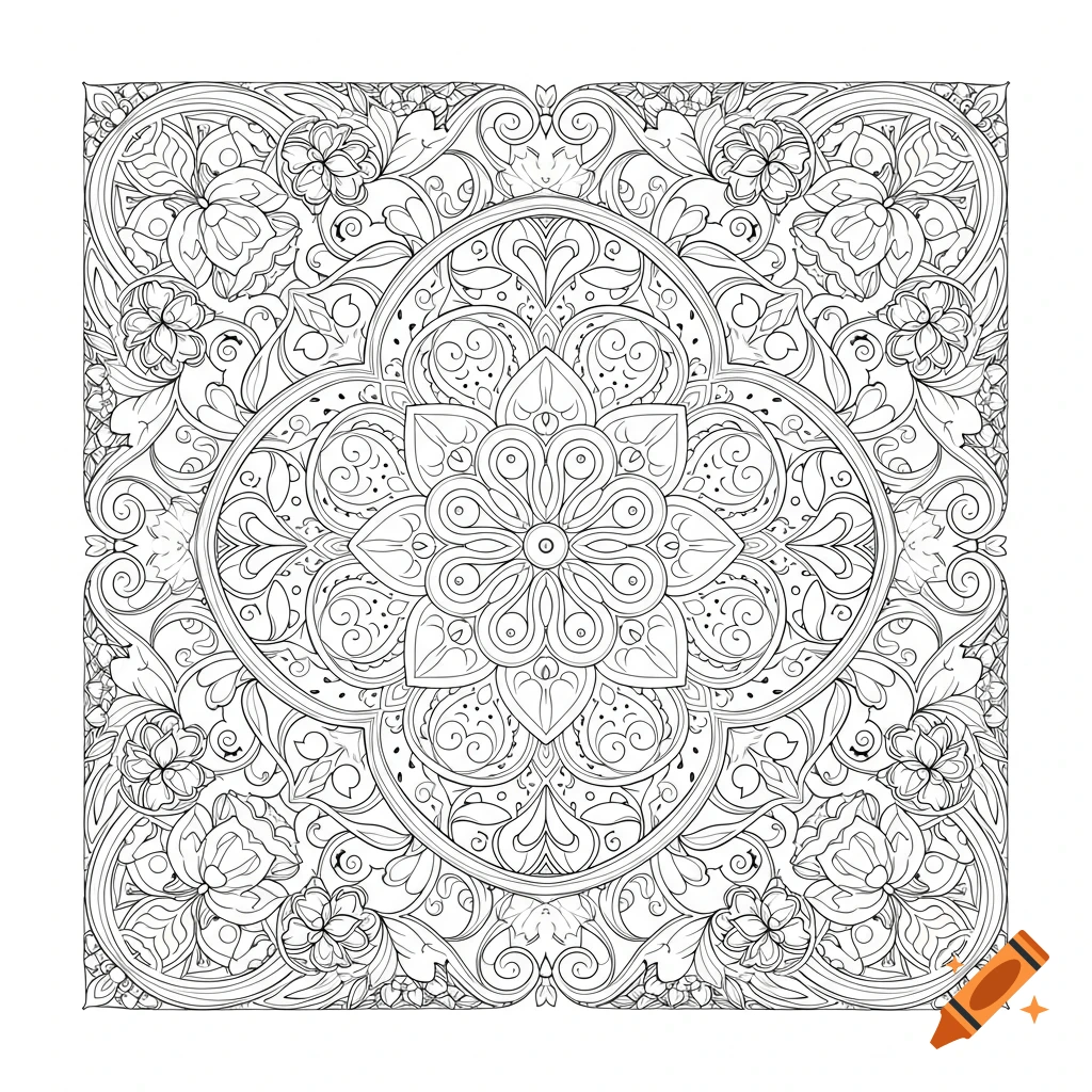 Intricate black and white line art of a symmetrical floral mandala coloring page.