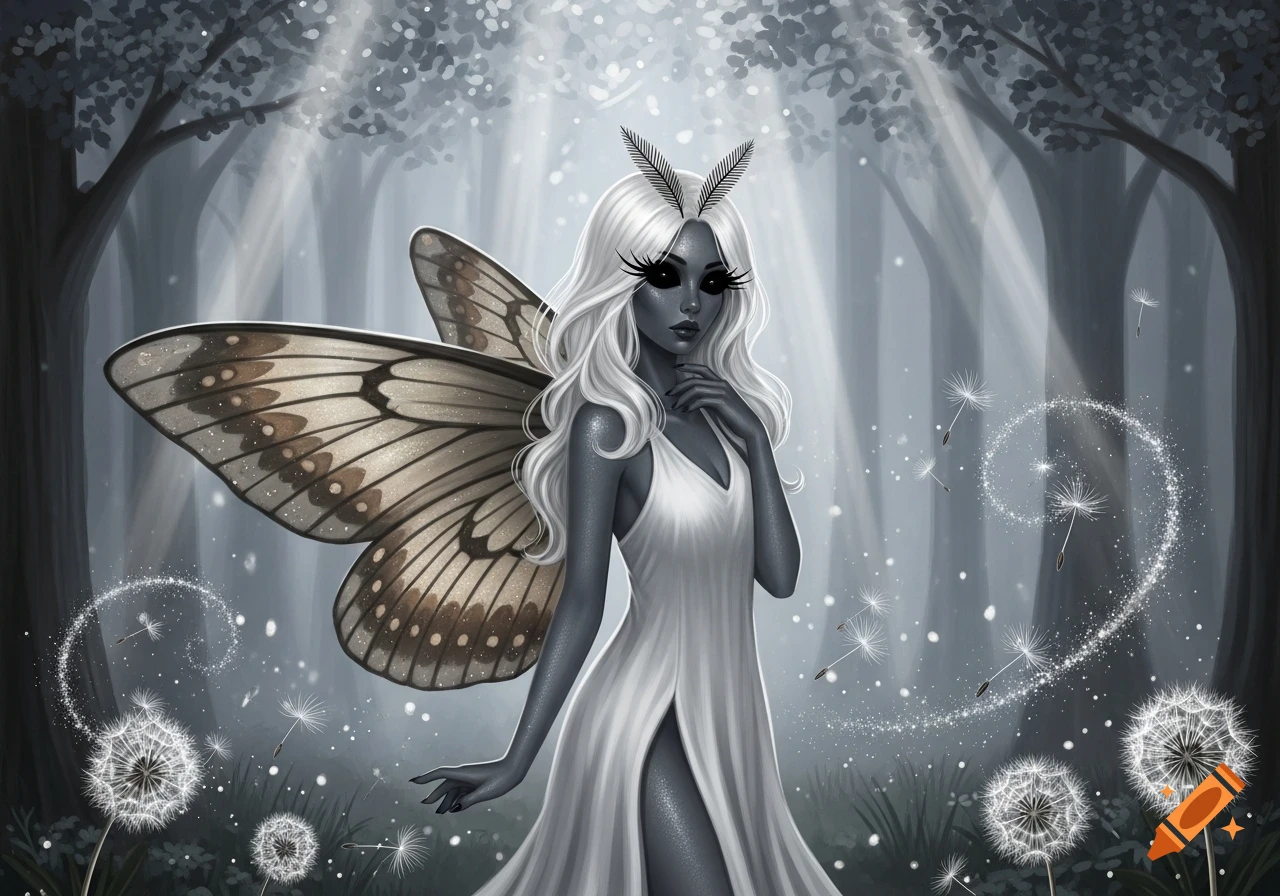 A white-haired, gray-skinned moth fairy with black eyes and large wings stands in a moonlit forest with dandelions and sparkling magic.