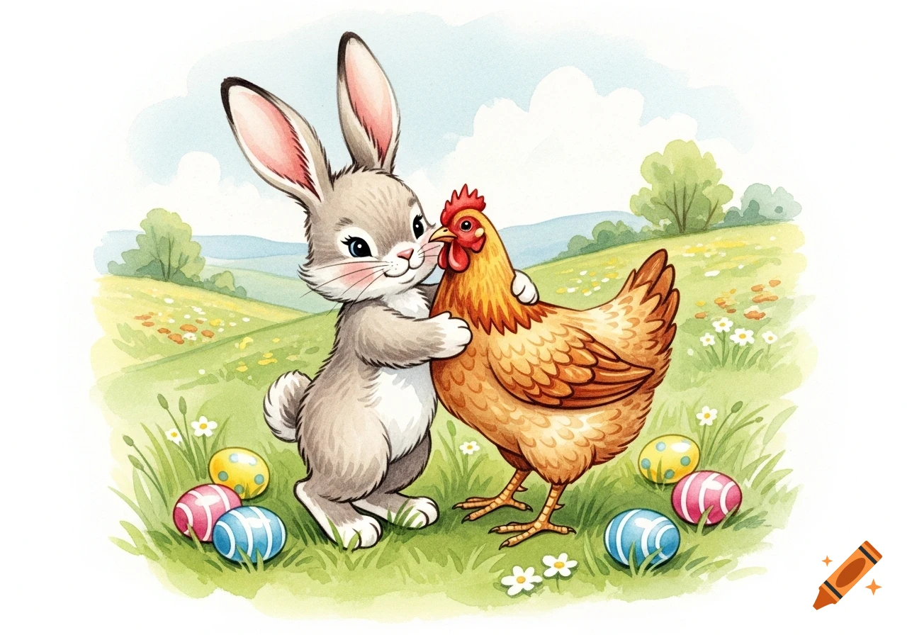 Watercolor illustration of a cute bunny hugging a chicken in a field with colorful Easter eggs.