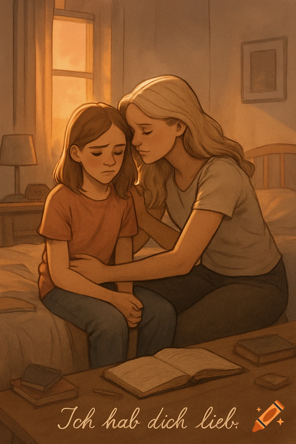 An illustration of a mother comforting her daughter in a warm, dimly lit room, with text 'Ich hab dich lieb.' on a table.