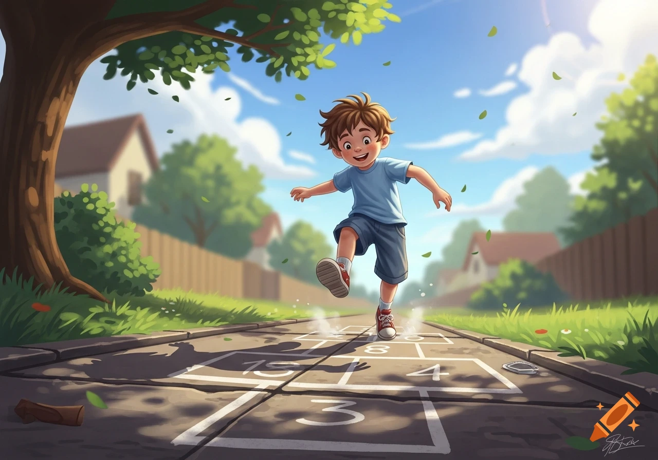 A happy cartoon boy in a blue shirt and shorts plays hopscotch on a sunny sidewalk in a suburban neighborhood.