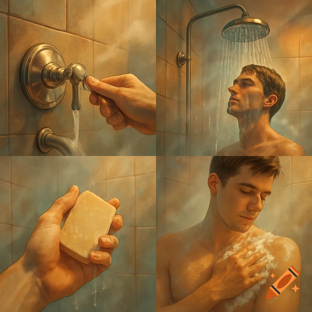 Four-panel illustrated sequence of a man showering, showing steps like turning on the water, soaping, and washing. Digital art style.