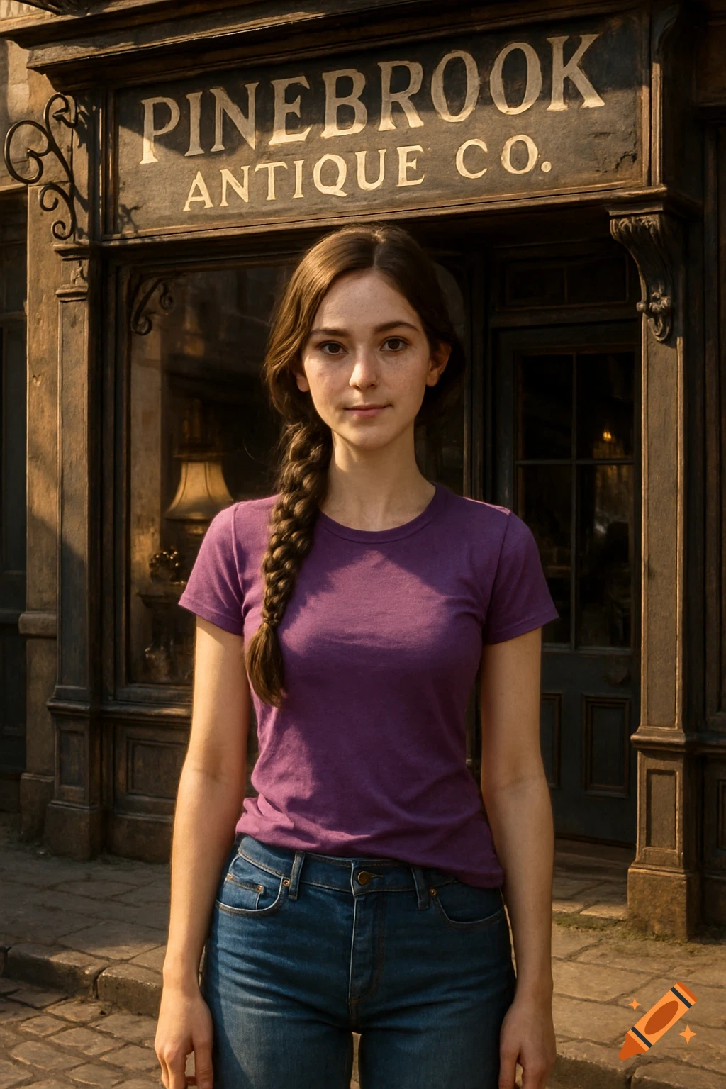 A young woman with a braided ponytail, wearing a purple shirt and jeans, stands in front of a store named Pinebrook Antique Co.
