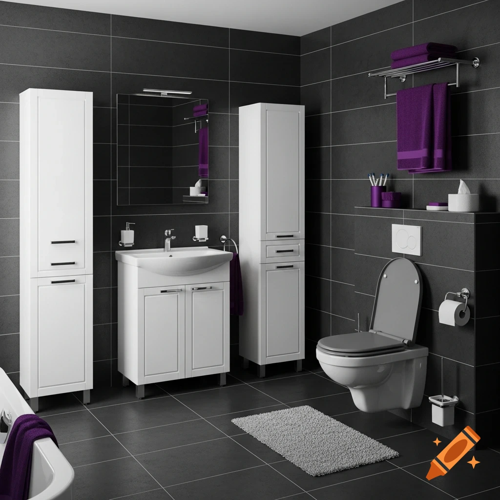 Modern bathroom with dark gray tiles, white cabinetry, gray toilet, sink, bathtub, and purple towels and accessories.