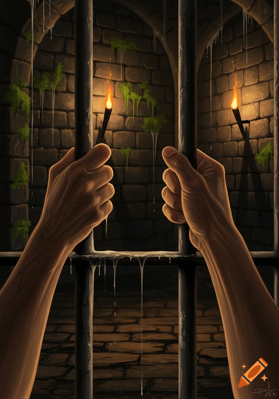 Close-up illustration of hands clutching dark prison bars in a torch-lit, mossy stone dungeon.