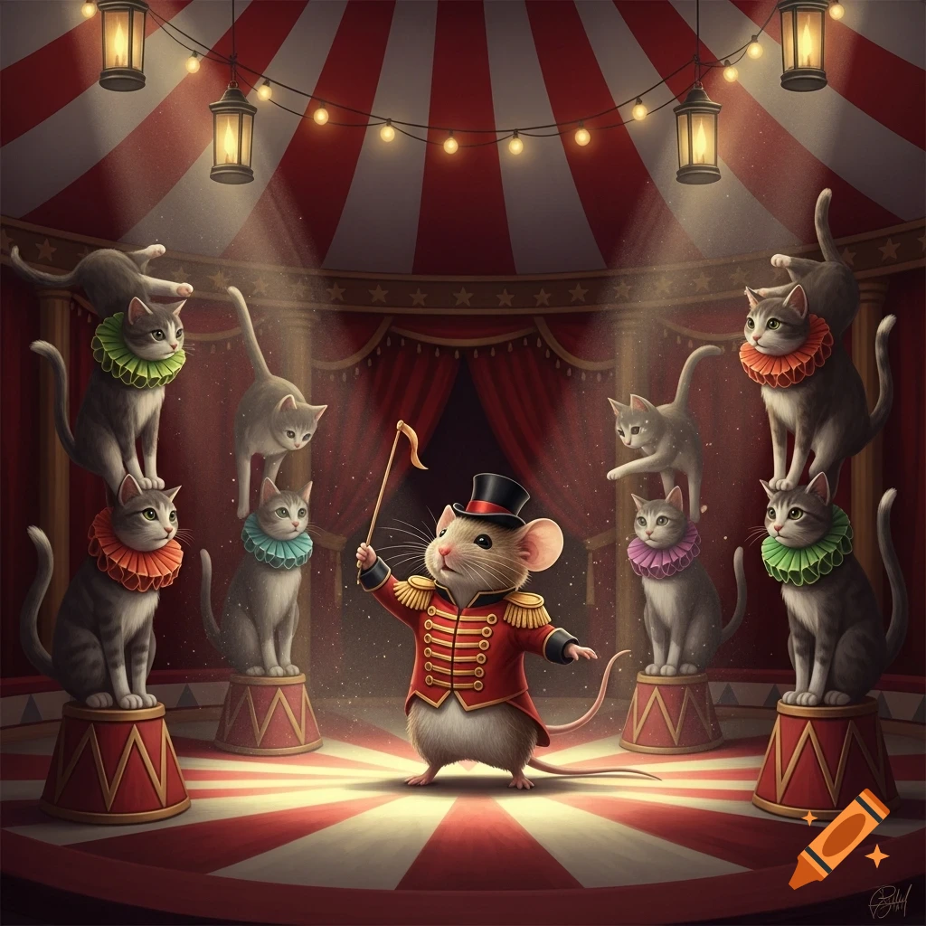 An illustrated mouse ringmaster in a red uniform directs several cats in colorful ruffs performing tricks on pedestals in a circus tent.