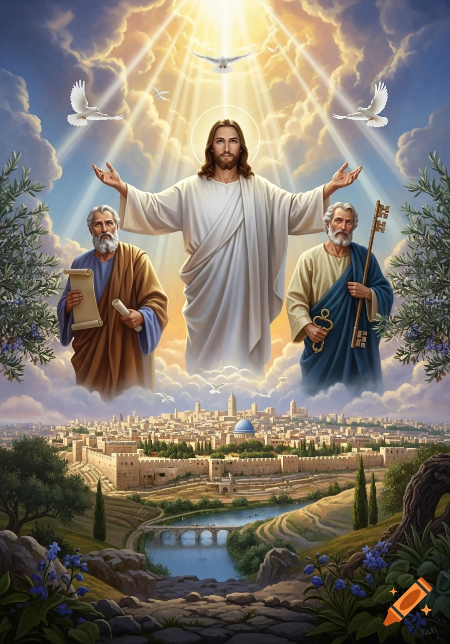 Jesus, Apostles Peter and Paul in the clouds above ancient Jerusalem, with doves and heavenly light.