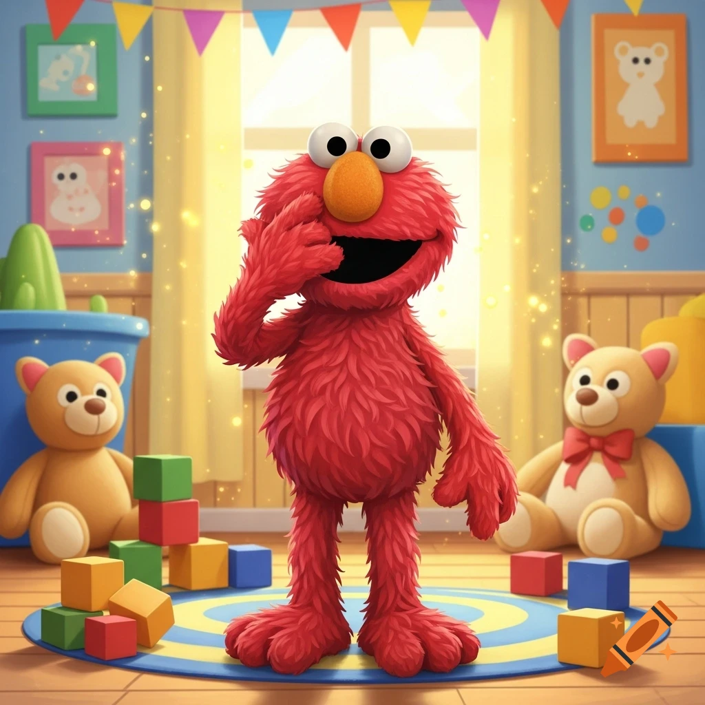 Elmo, a fluffy red monster, stands in a brightly lit playroom, touching his orange nose and smiling. Building blocks and teddy bears surround him.