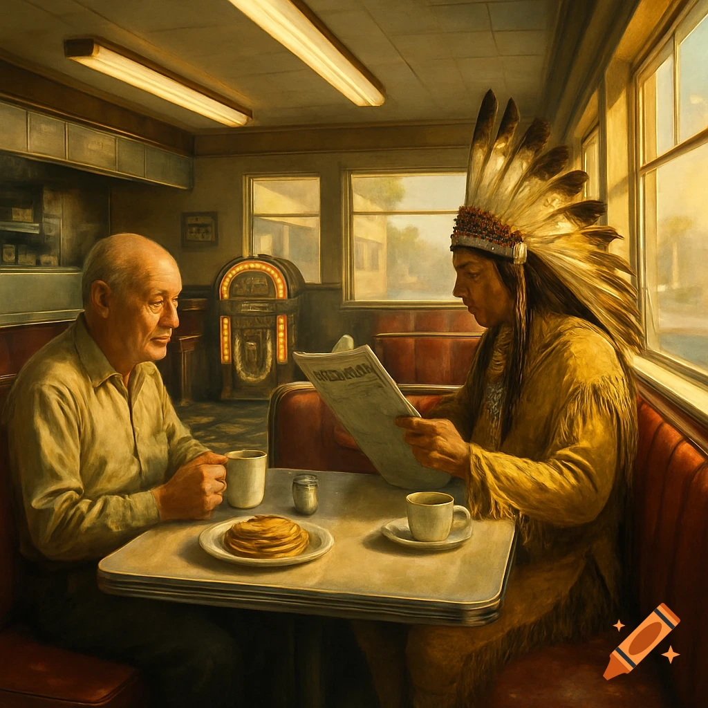A Native American man in a feather headdress reads a newspaper in a retro diner while an older man sits opposite.