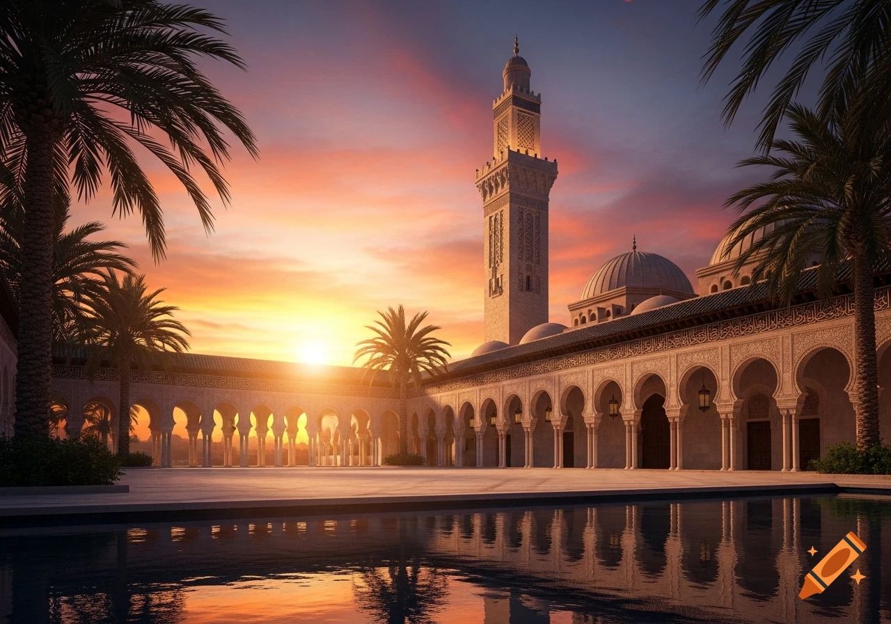 A grand mosque with a tall minaret and domes, framed by palm trees and arches, reflecting in a pool at sunset.