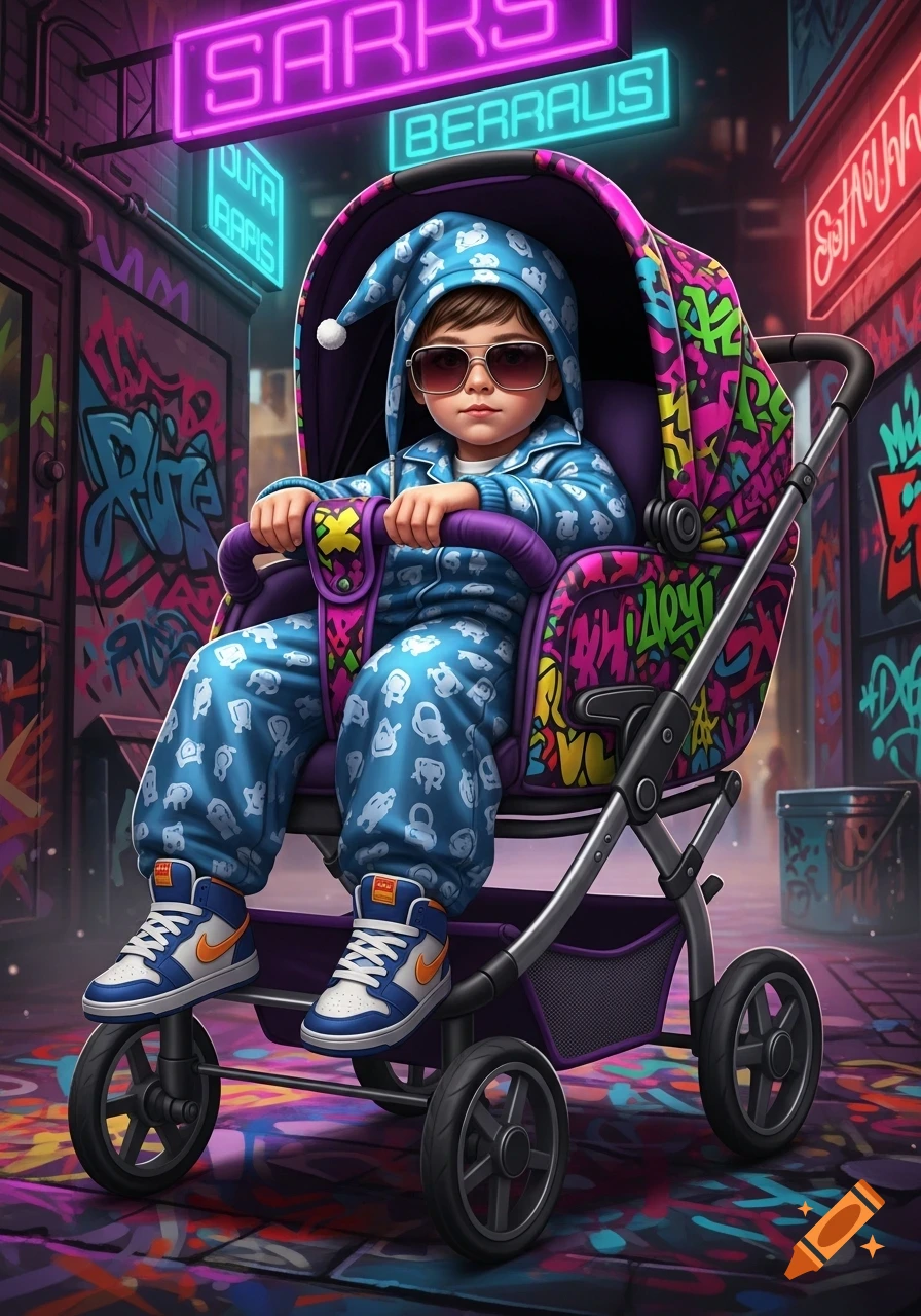 A child in a stroller, wearing sunglasses, a blue patterned outfit, and a hat, in a vibrant graffiti-filled alley with neon signs.