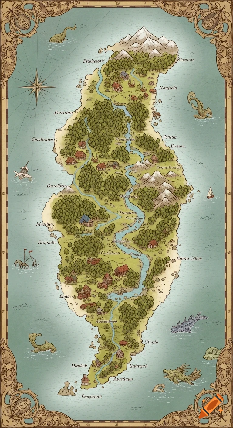 An illustrated fantasy map of an elongated island with mountains ...