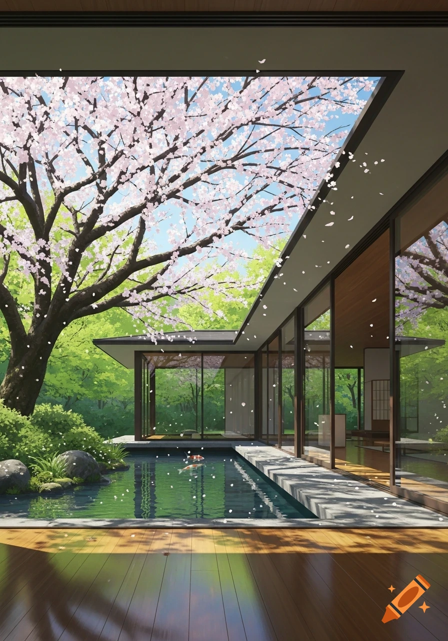 An anime-style modern Japanese teahouse with a cherry blossom tree, koi pond, and lush green garden.