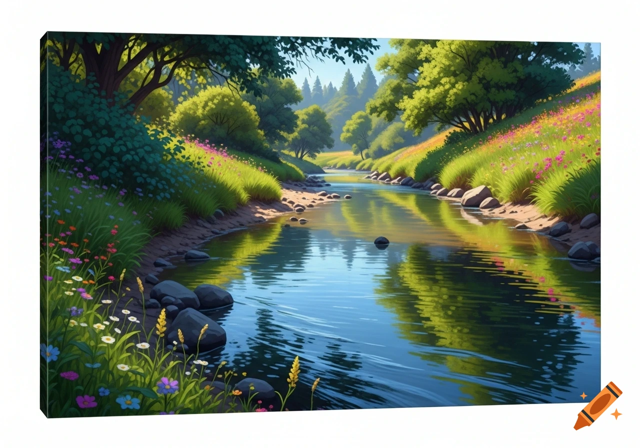 A vibrant, stylized painting of a winding river flowing through a lush valley with colorful flowers and green trees.