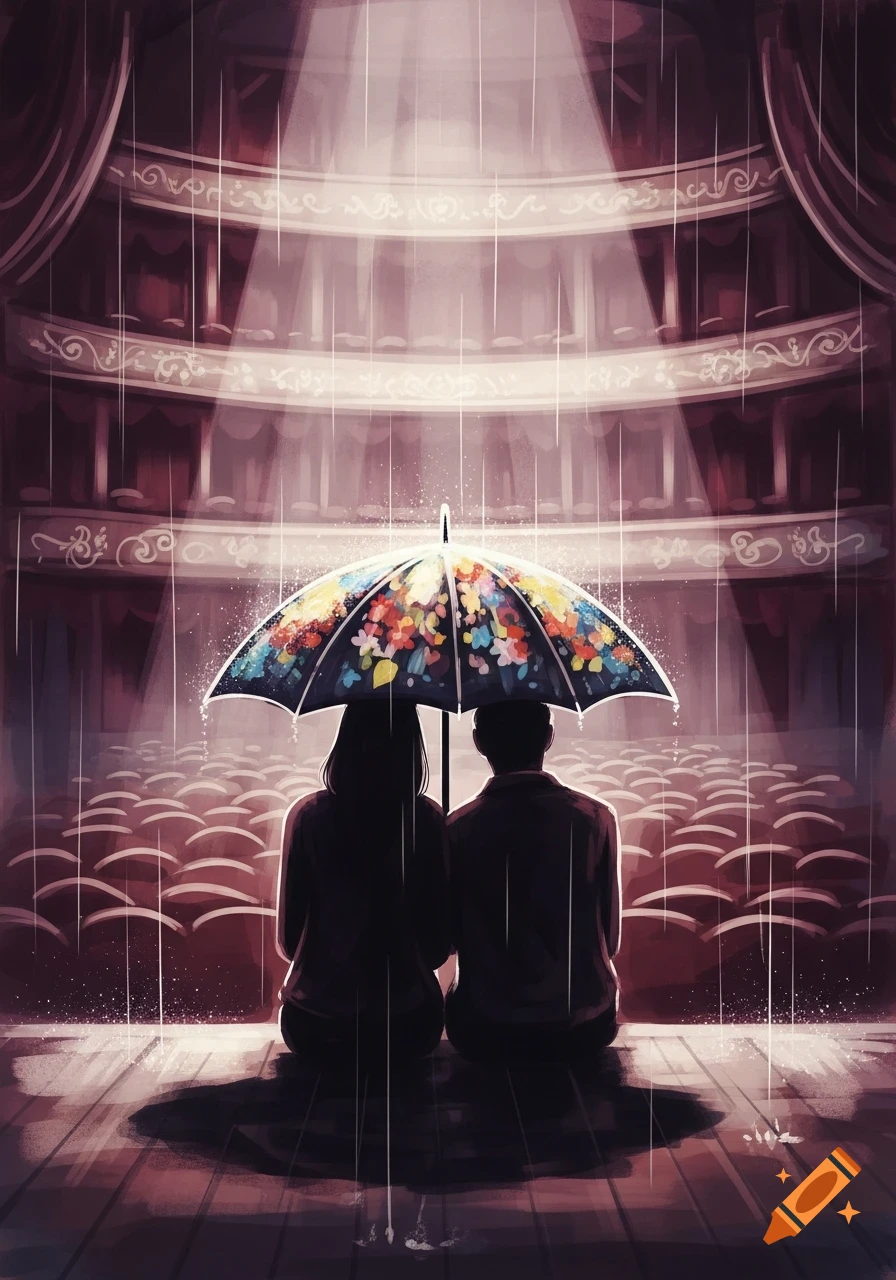 Abstract painting of two people sitting under a colorful umbrella on a theatre stage, facing rows of empty seats, as rain falls.