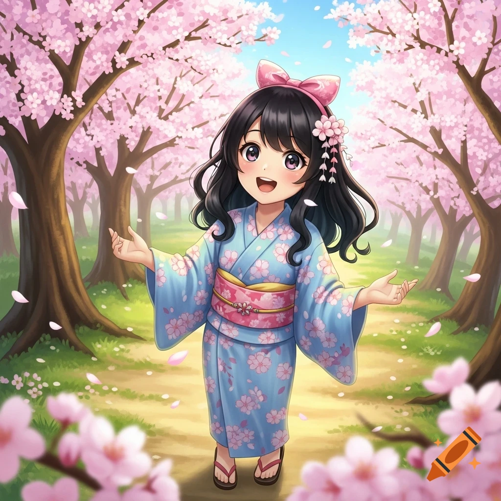 A cute anime girl in a blue kimono with pink flowers smiles happily, standing in a sunny cherry blossom grove with outstretched hands.