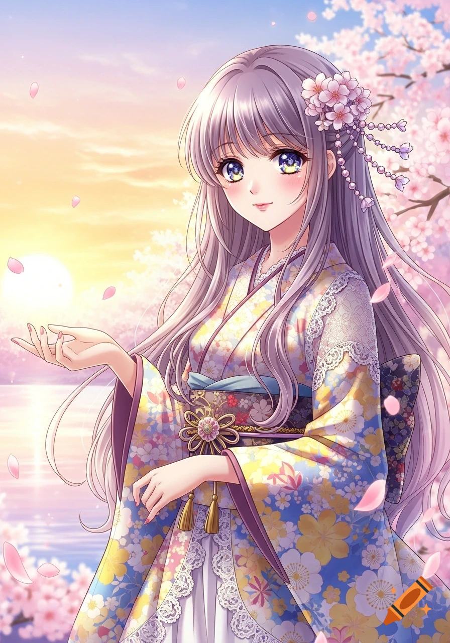 An anime girl in a floral kimono stands under cherry blossoms at sunset, gently holding her hand out.