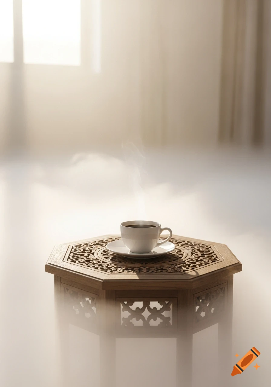 Steaming cup of coffee on a carved wooden table in a surreal, misty, sunlit room, minimalist aesthetic.