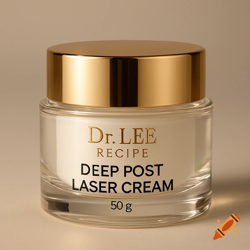 A clear glass jar of white cosmetic cream with a golden lid. The label reads 'Dr. LEE RECIPE DEEP POST LASER CREAM 50 g'.