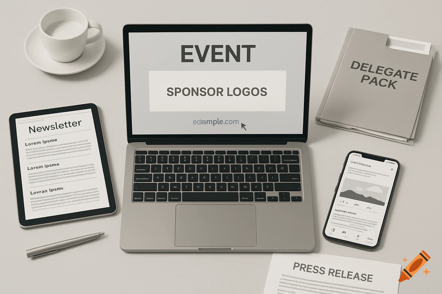 Flat-lay photo of a modern workspace with a laptop, tablet, smartphone, folder, and documents. The laptop shows an 'EVENT' banner with 'SPONSOR LOGOS' space. The tablet displays a 'Newsletter'.