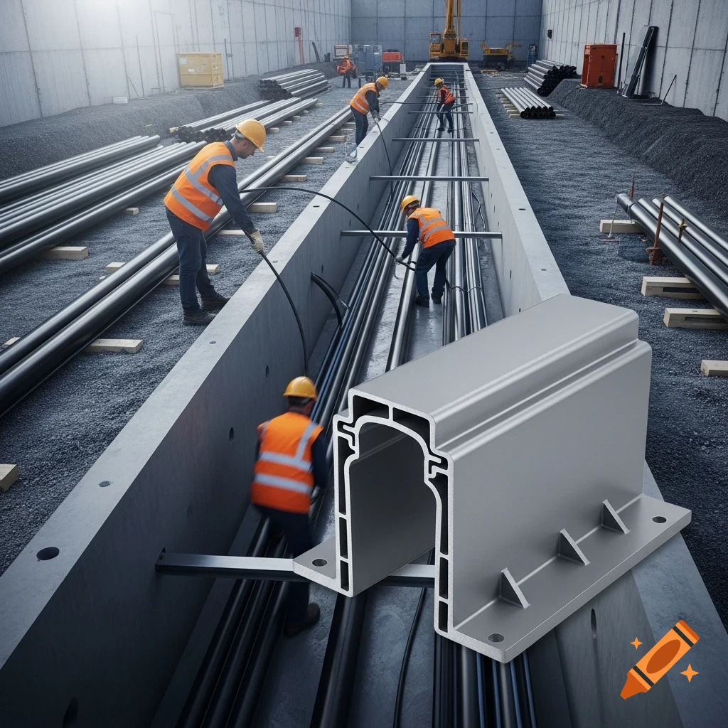Construction workers installing pipes in an underground trench, with a large duct bank spacer in the foreground. Photorealistic.