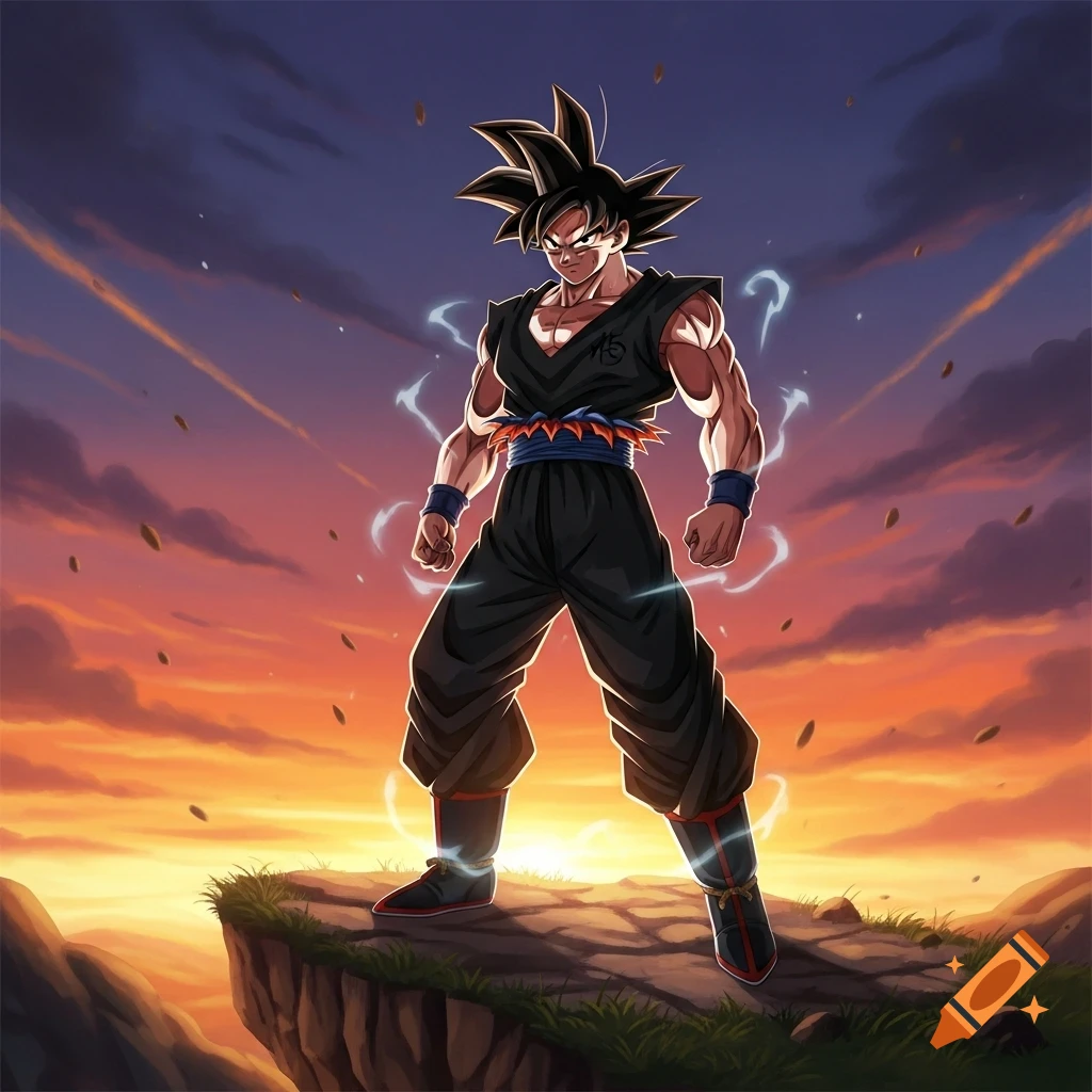 Goku in a black training outfit stands heroically on a cliff overlooking a vibrant sunset, with a subtle energy aura, in anime style.