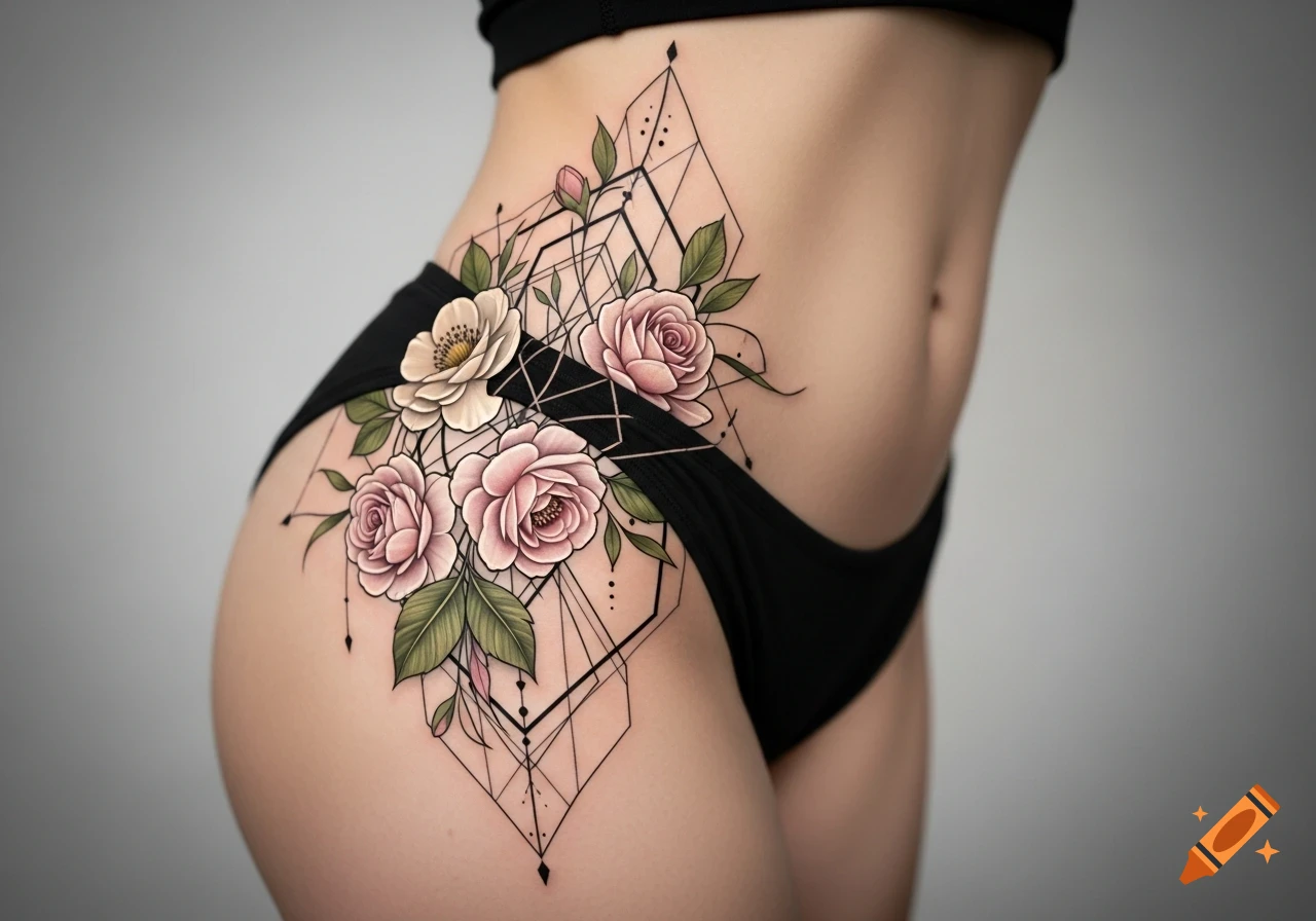 A detailed tattoo of pink and white roses with green leaves and black geometric lines on a person's hip, set against a grey background.